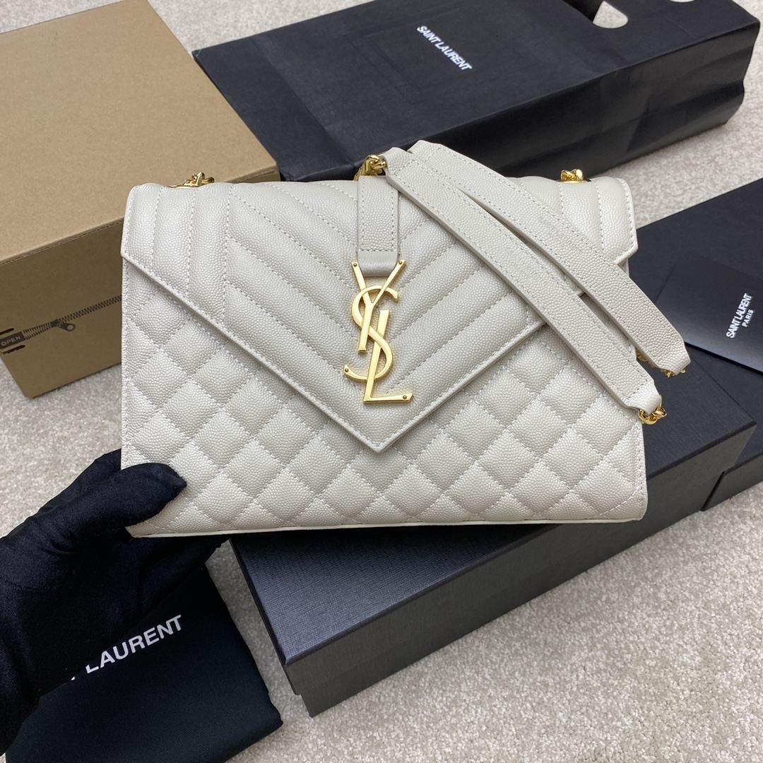 YSL Envelope Medium in Quilted Grain De Poudre Embossed Leather Blanc