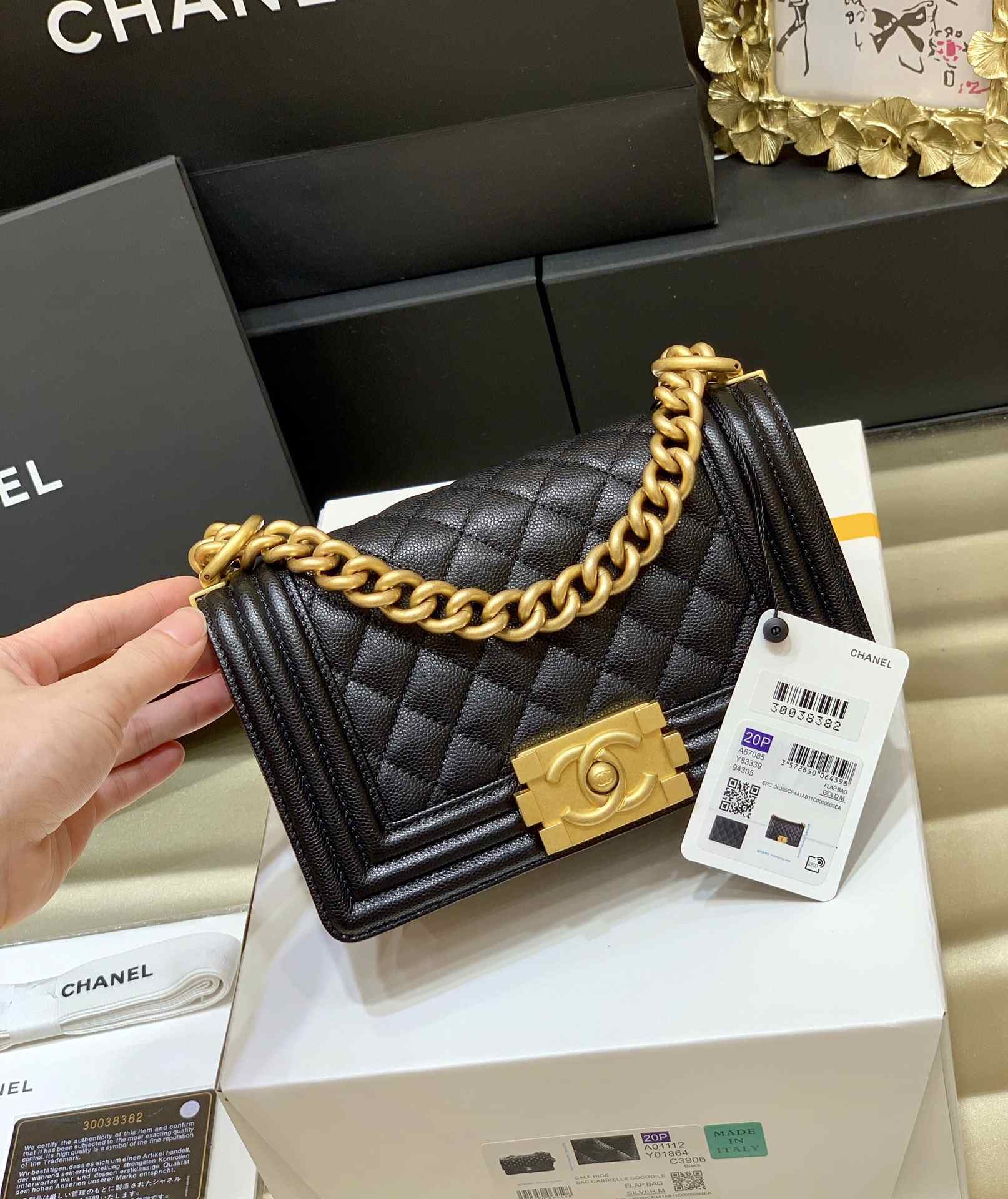 CHANEL Small Boy Handbag Black & Gold-tone Metal