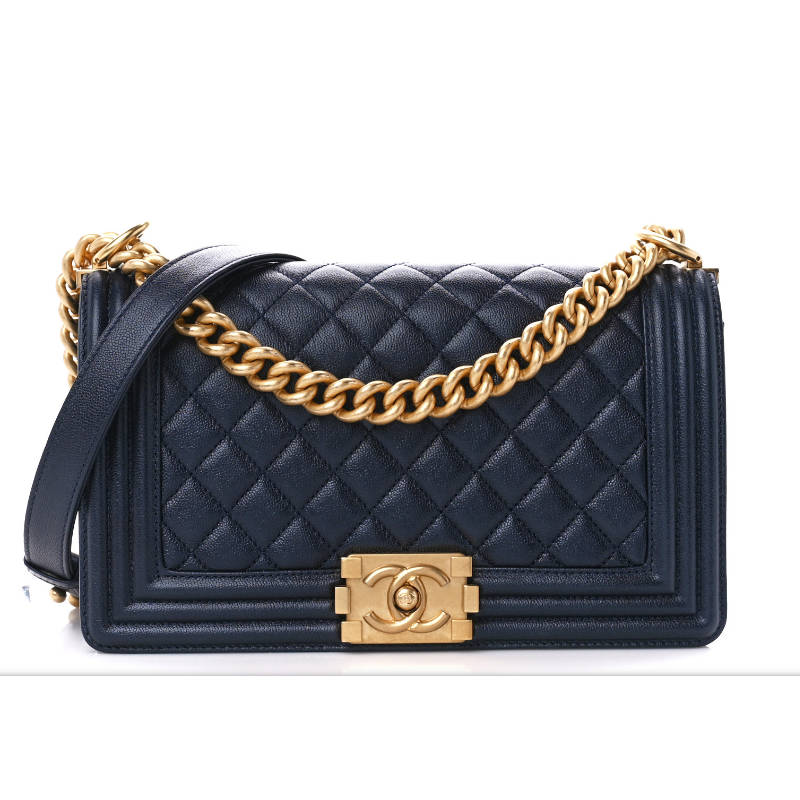 CHANEL Small Boy Handbag Navy Blue & Gold-tone Metal