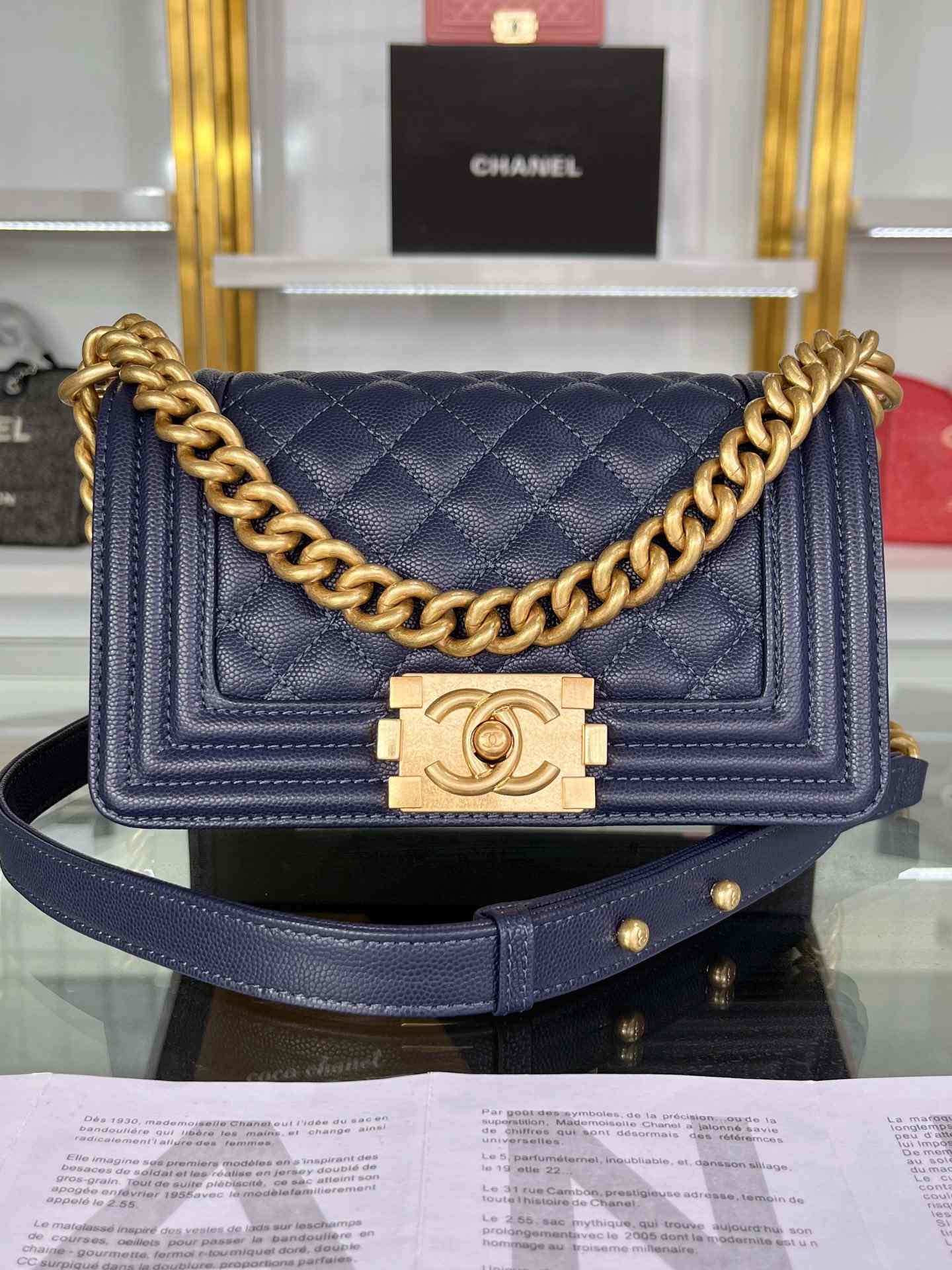 CHANEL Small Boy Handbag Navy Blue & Gold-tone Metal