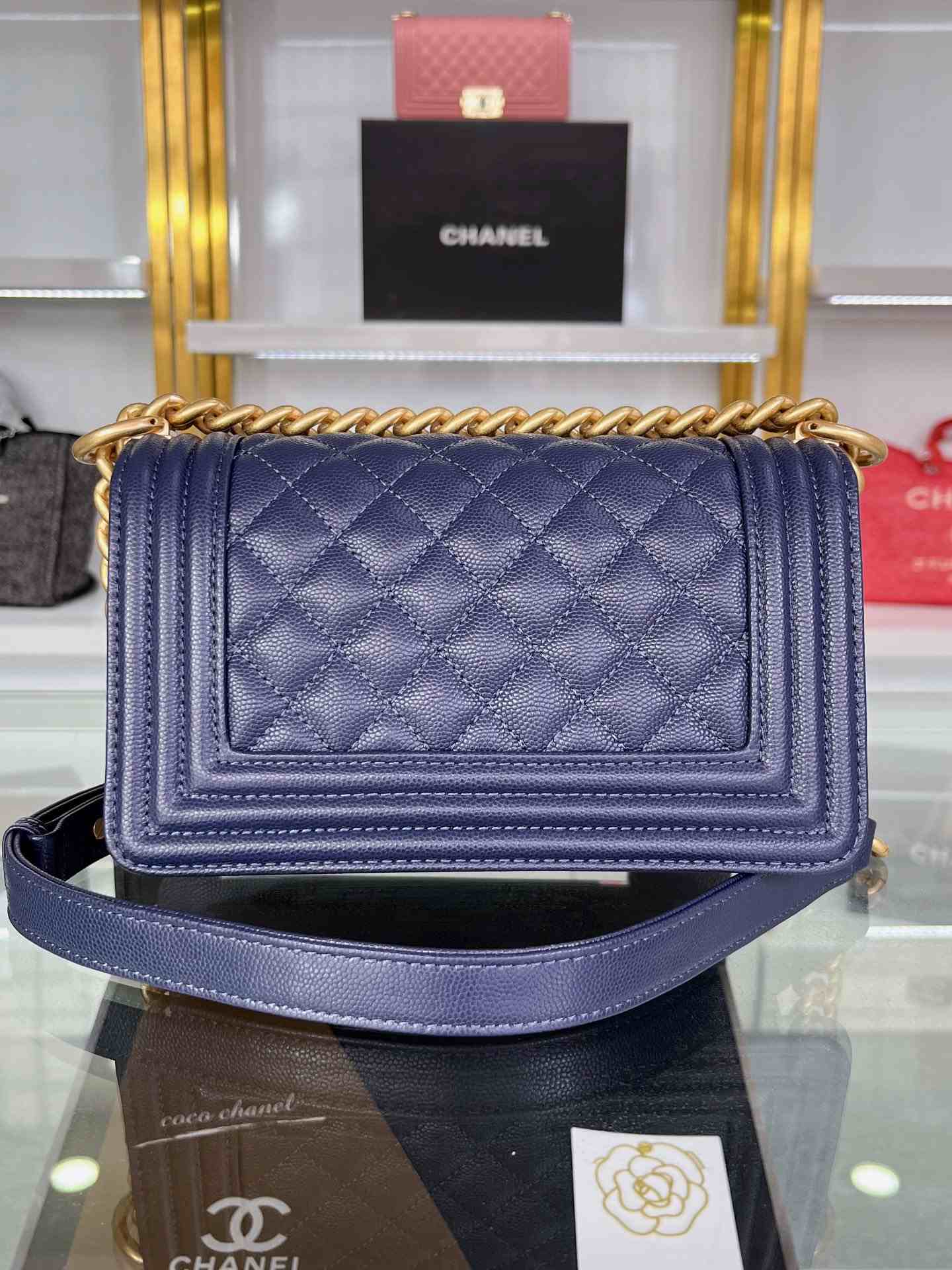 CHANEL Small Boy Handbag Navy Blue & Gold-tone Metal