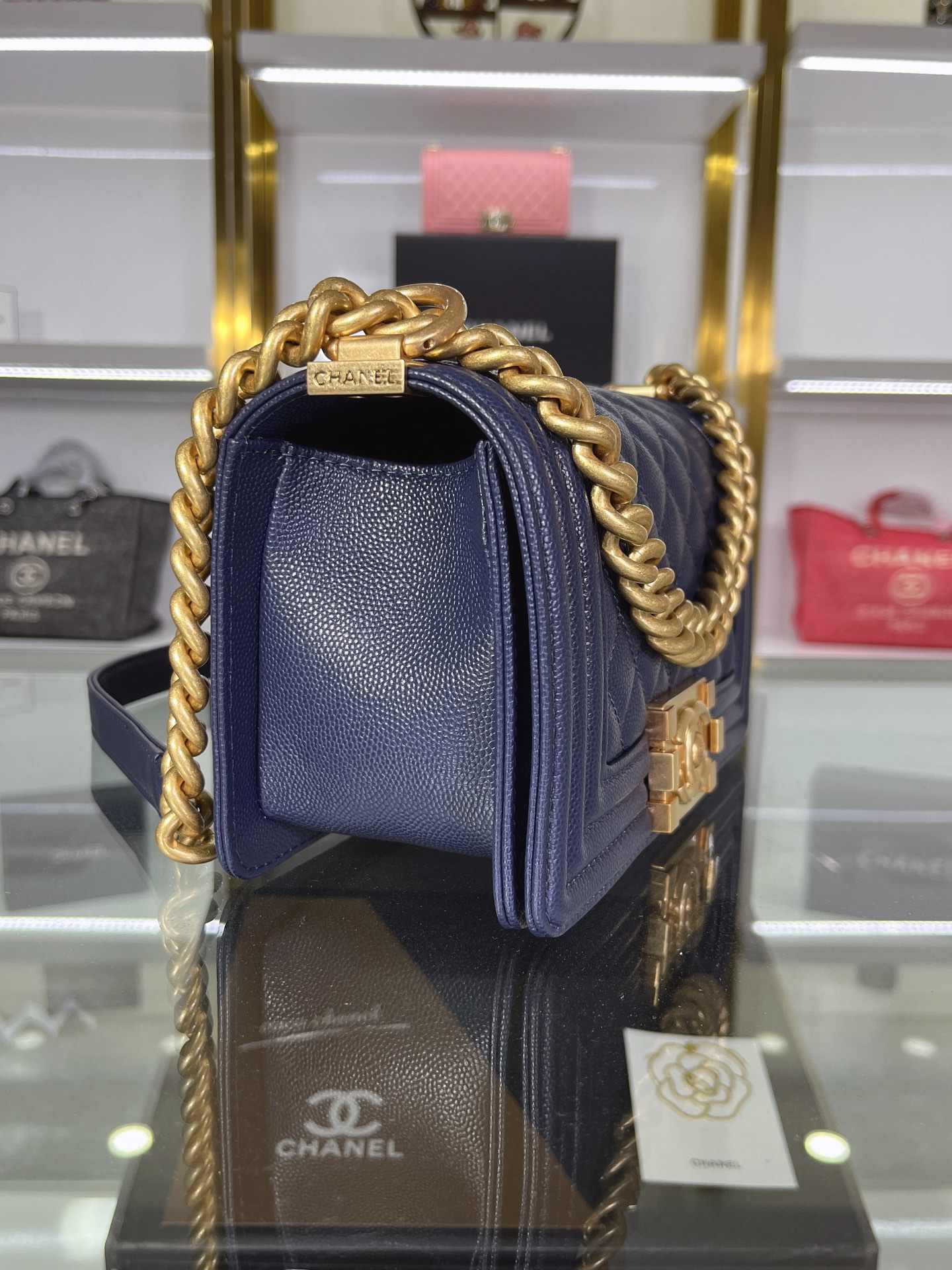 CHANEL Small Boy Handbag Navy Blue & Gold-tone Metal