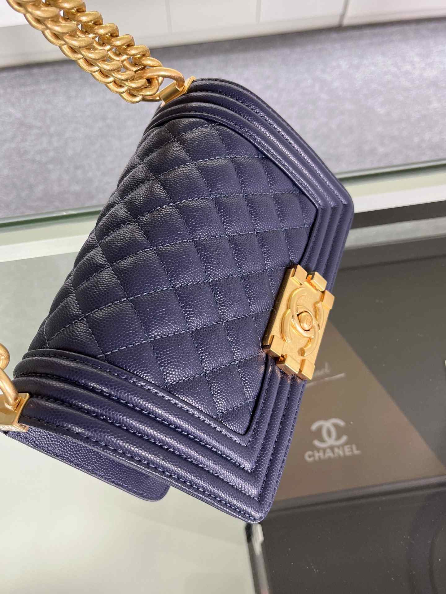 CHANEL Small Boy Handbag Navy Blue & Gold-tone Metal