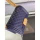 CHANEL Small Boy Handbag Navy Blue & Gold-tone Metal