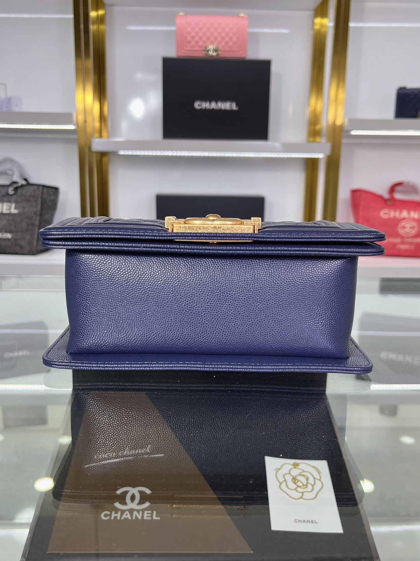 CHANEL Small Boy Handbag Navy Blue & Gold-tone Metal