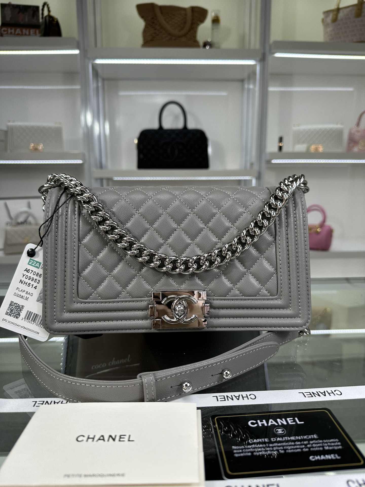 CHANEL Boy Handbag Gray