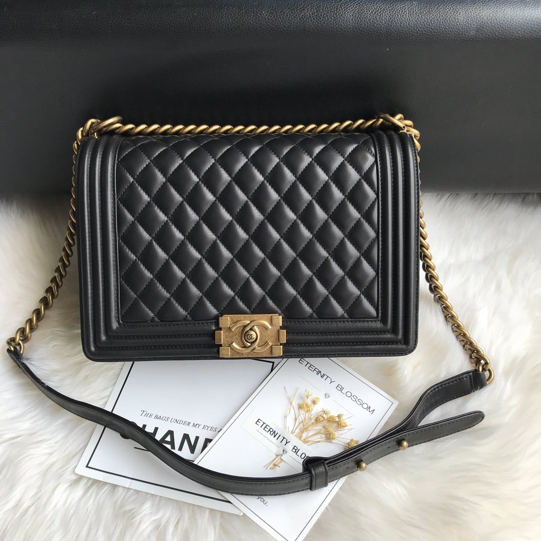 CHANEL Large Boy Handbag Black & Gold-tone Metal