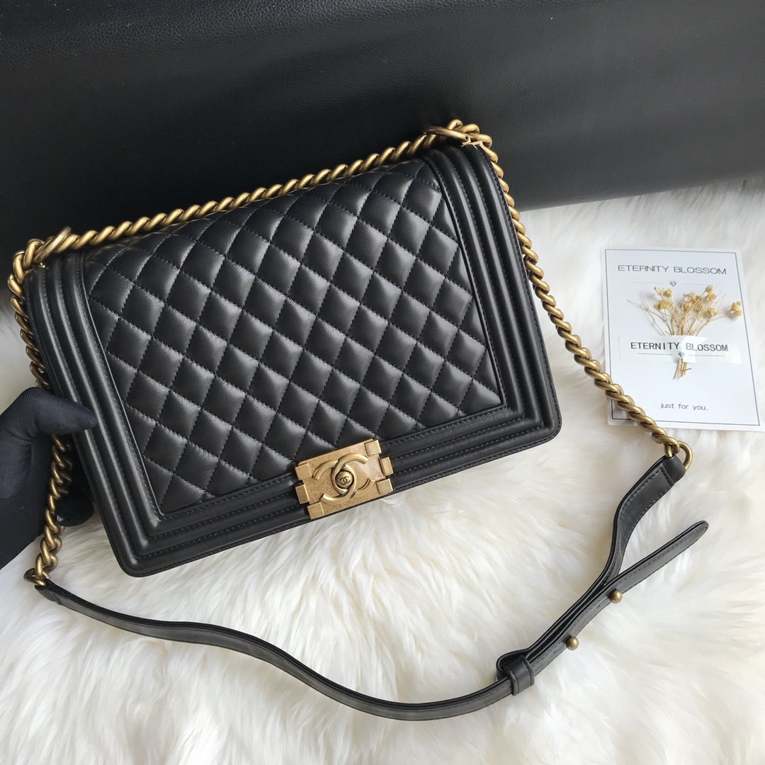 CHANEL Large Boy Handbag Black & Gold-tone Metal