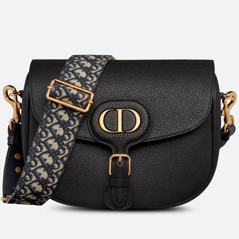 DIOR Large Dior Bobby Bag Black Grained Calfskin with Blue Dior Oblique Embroidered Shoulder Strap