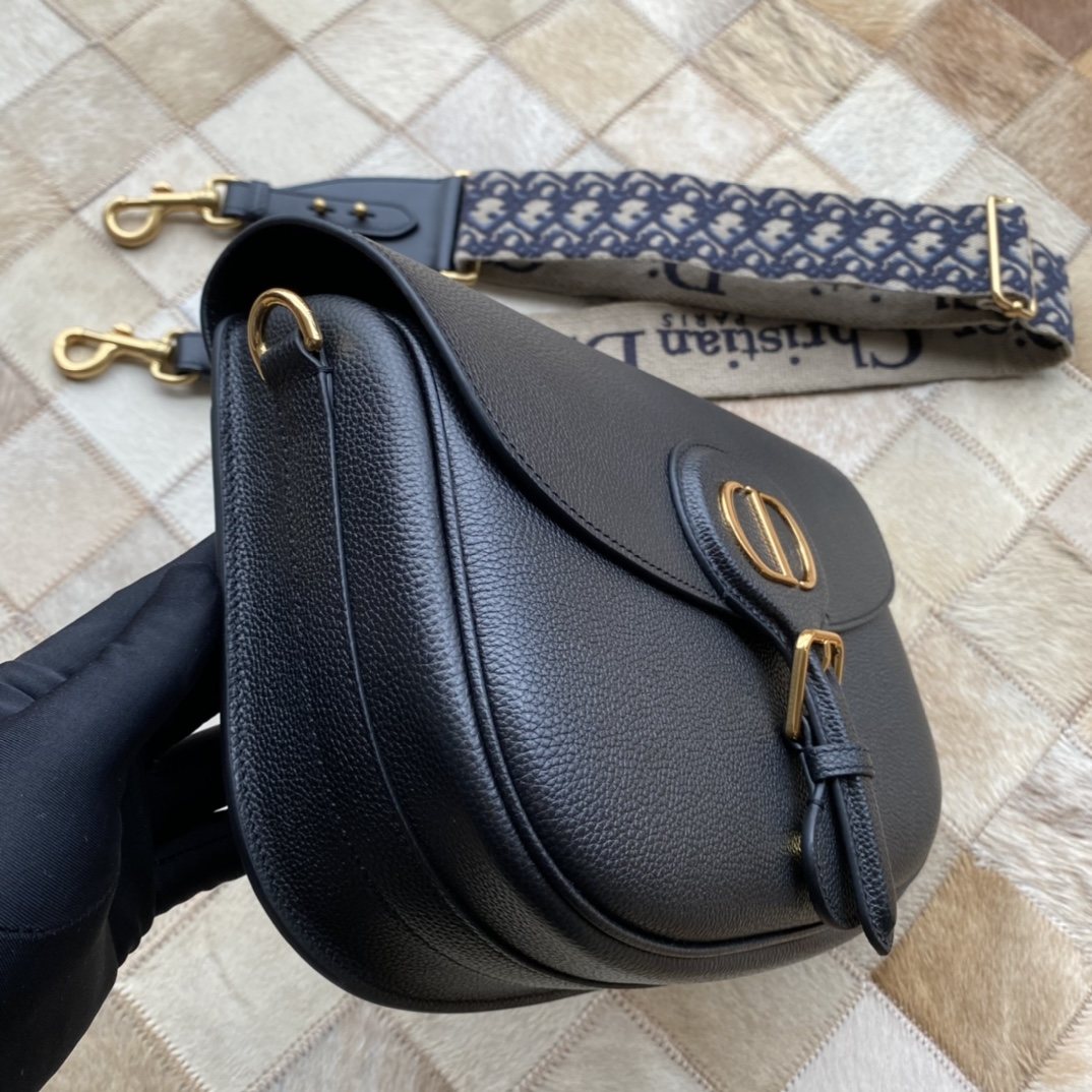 DIOR Large Dior Bobby Bag Black Grained Calfskin with Blue Dior Oblique Embroidered Shoulder Strap