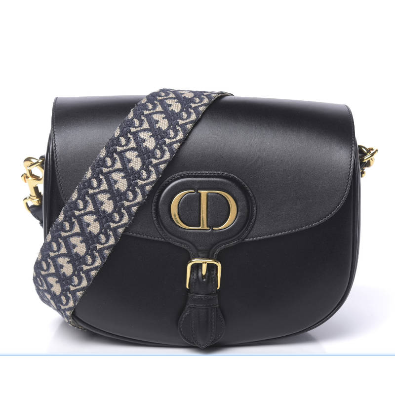 DIOR Large Dior Bobby Bag Black Calfskin with Blue Dior Oblique Embroidered Shoulder Strap