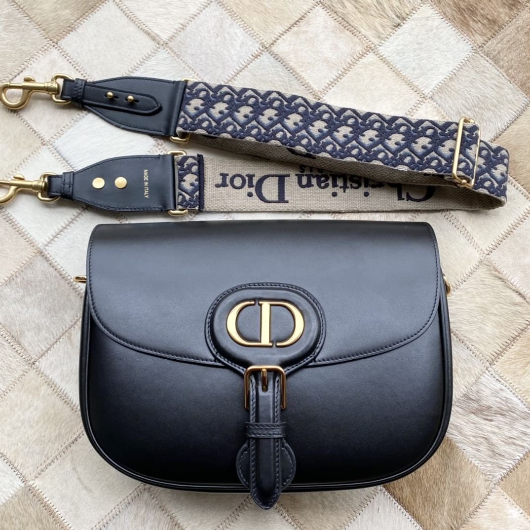 DIOR Large Dior Bobby Bag Black Calfskin with Blue Dior Oblique Embroidered Shoulder Strap