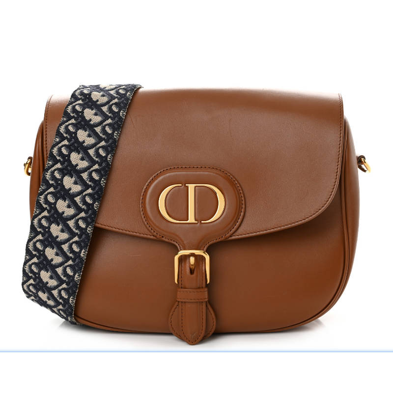 DIOR Large Dior Bobby Bag Brown Calfskin with Blue Dior Oblique Embroidered Shoulder Strap