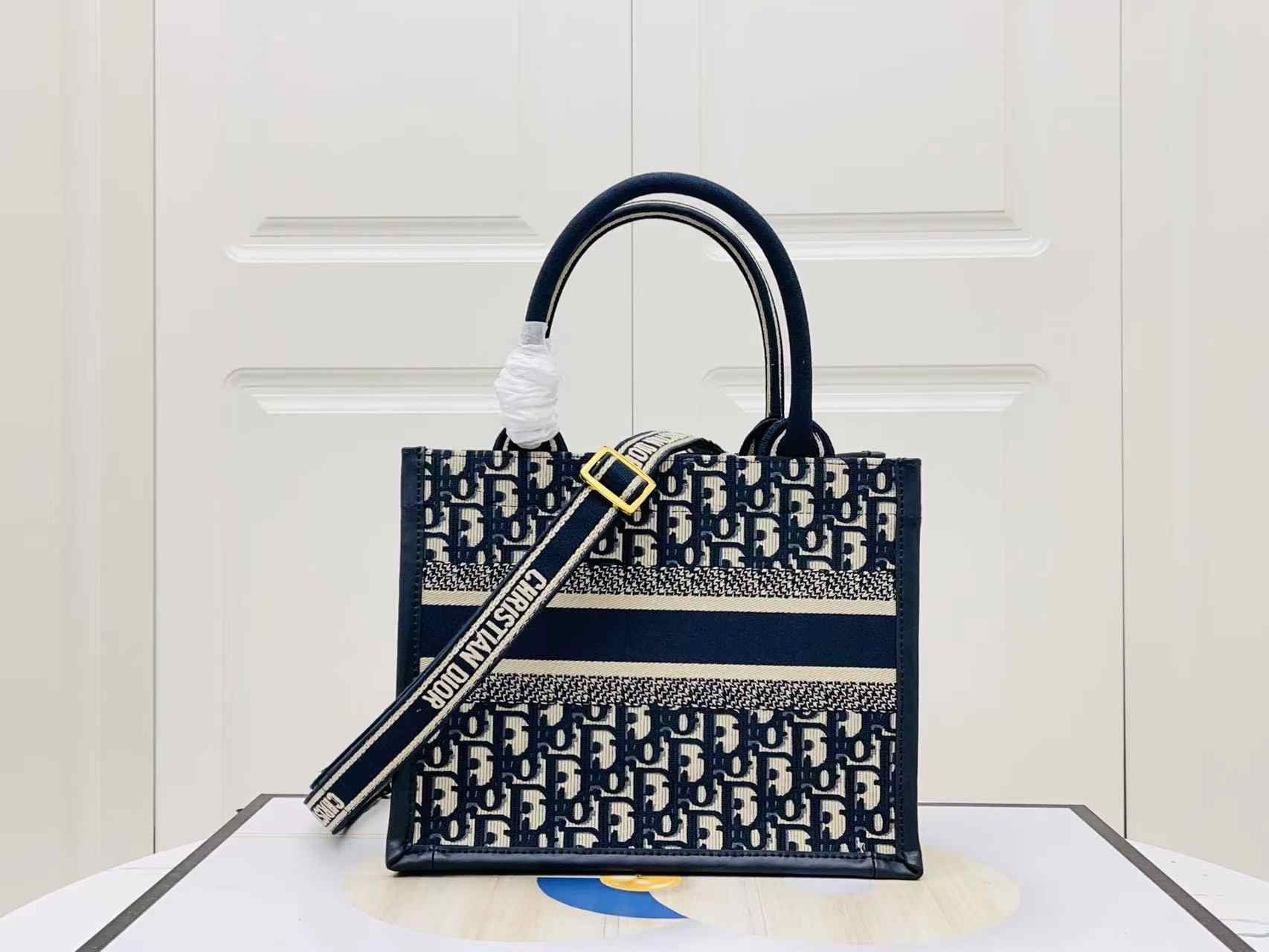 DIOR Small Book Tote Blue Dior Oblique Embroidery and Calfskin