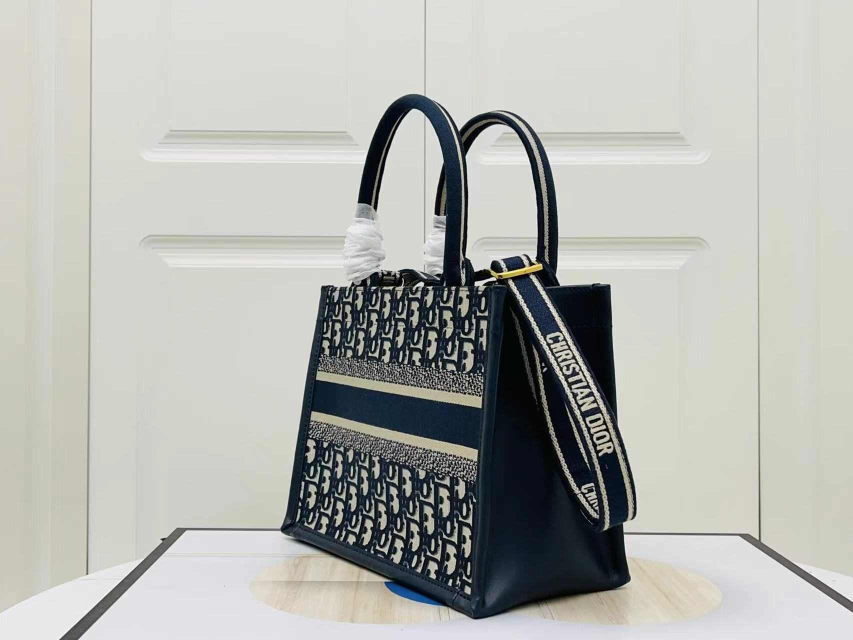 DIOR Small Book Tote Blue Dior Oblique Embroidery and Calfskin