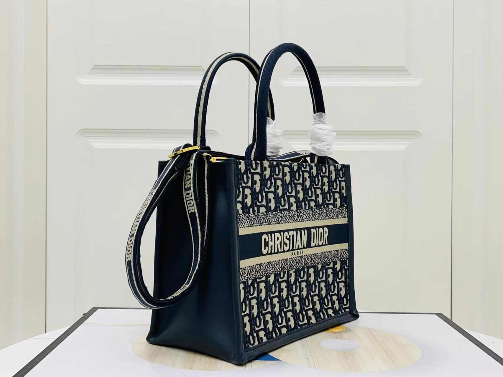 DIOR Small Book Tote Blue Dior Oblique Embroidery and Calfskin