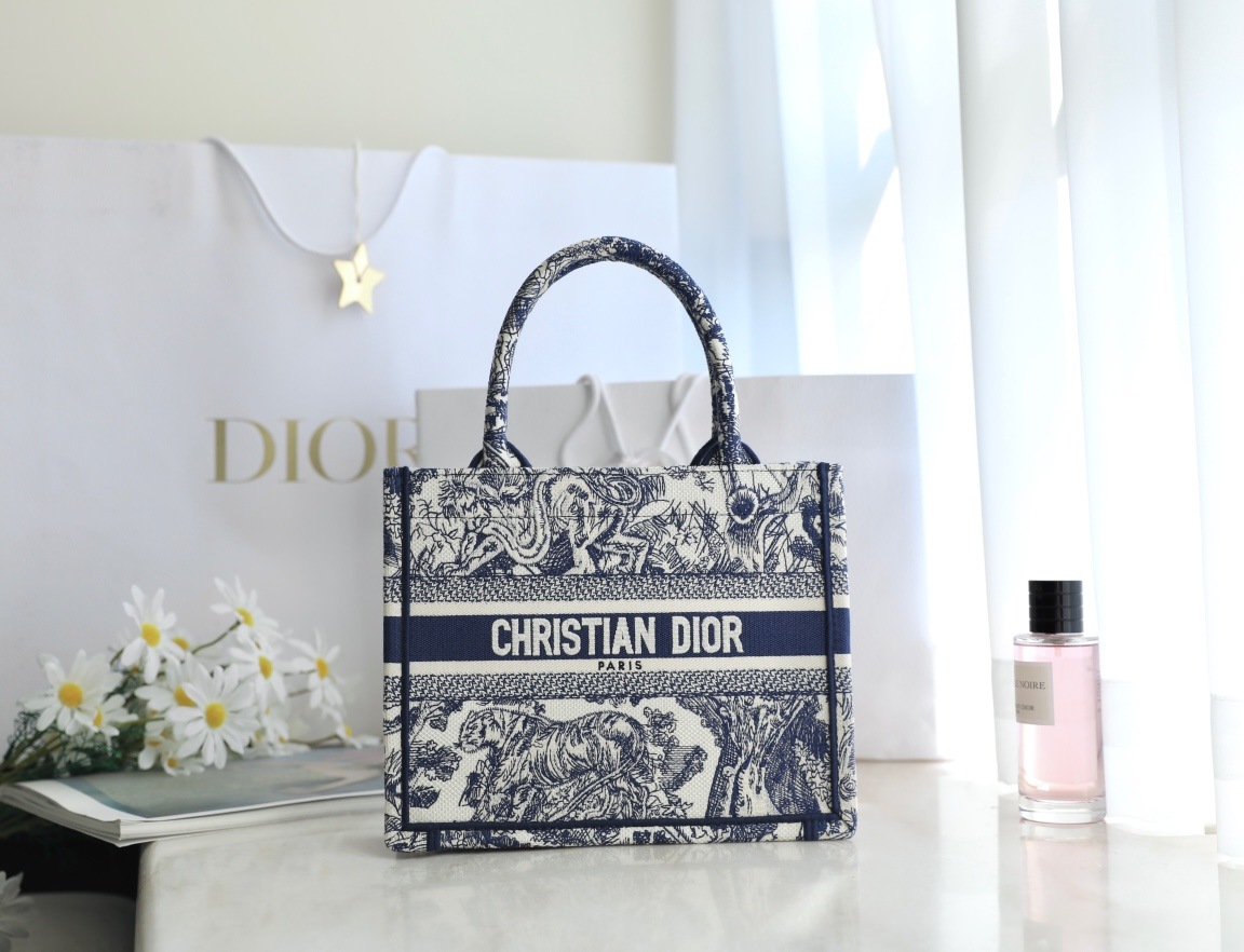 DIOR Small Book Tote Blue and White Toile de Jouy Reverse Embroidery 