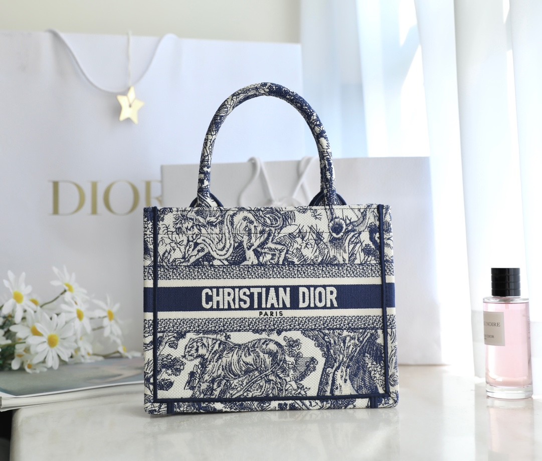 DIOR Small Book Tote Blue and White Toile de Jouy Reverse Embroidery 