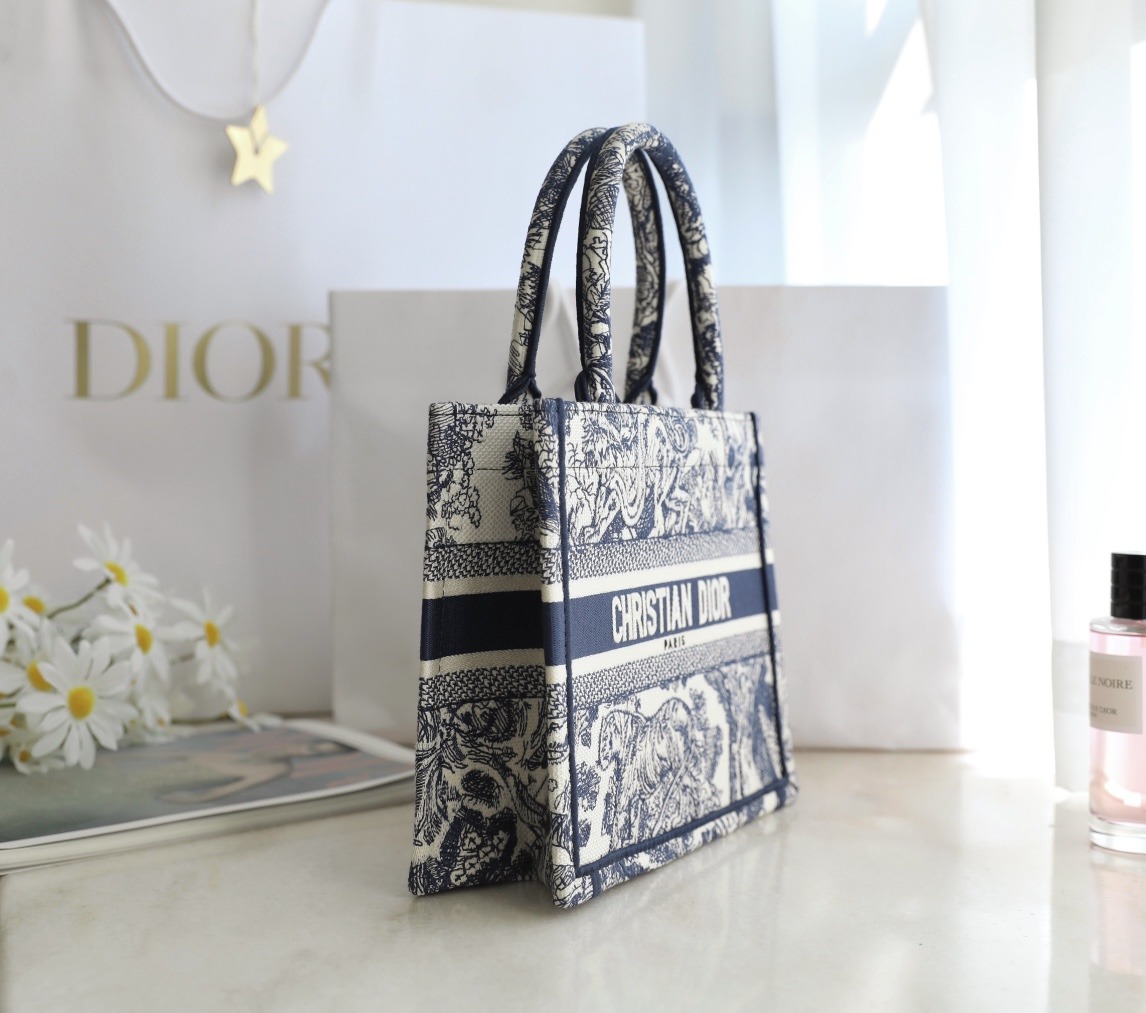 DIOR Small Book Tote Blue and White Toile de Jouy Reverse Embroidery 