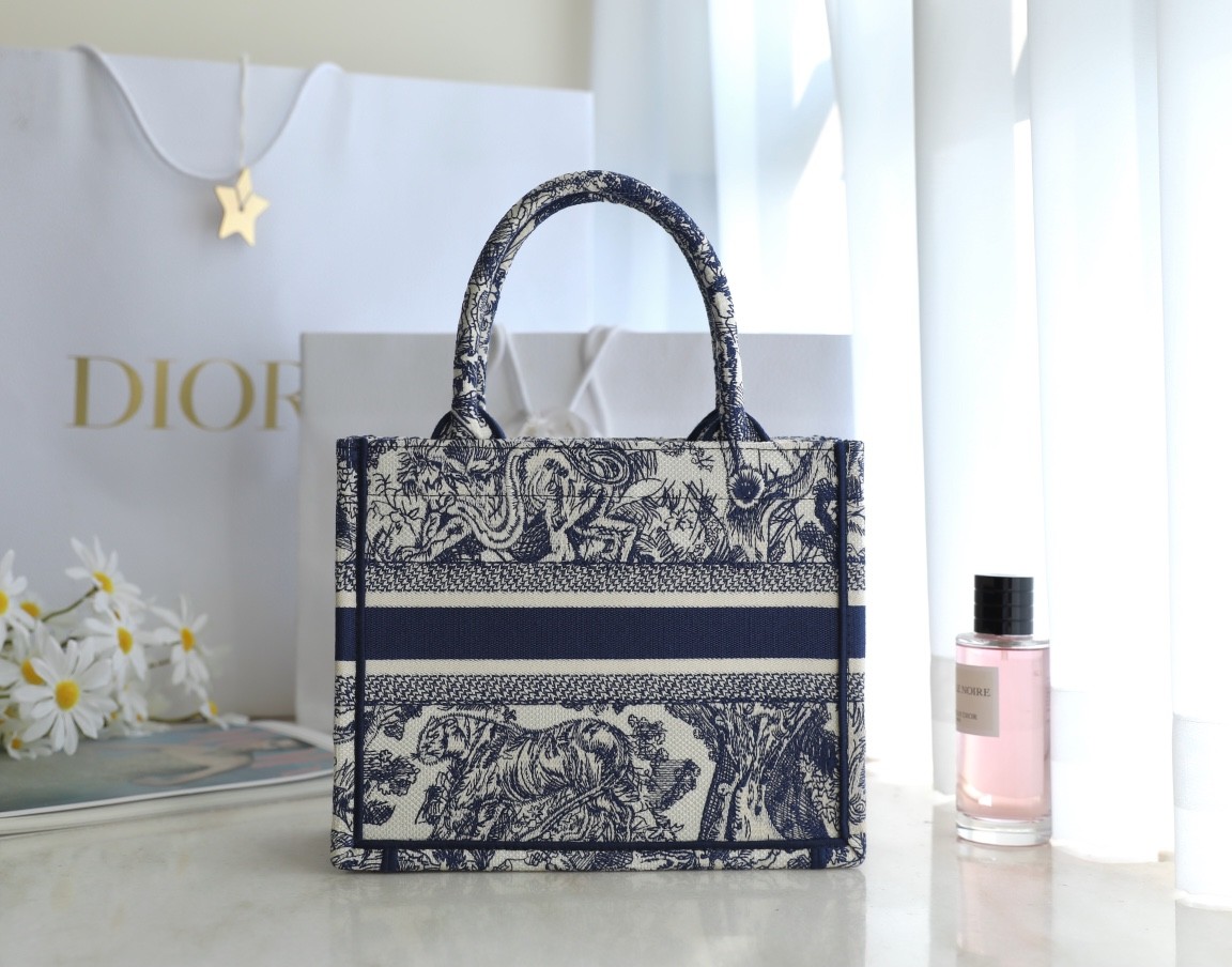 DIOR Small Book Tote Blue and White Toile de Jouy Reverse Embroidery 