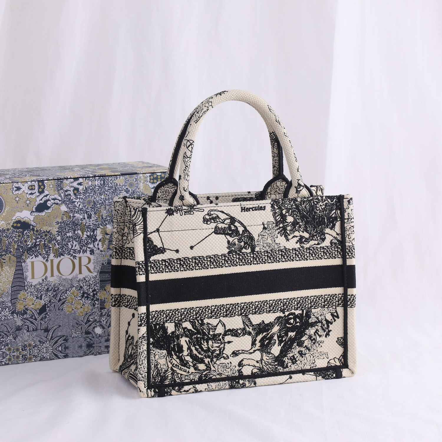 DIOR Small Book Tote Latte and Black Toile de Jouy Zodiac Embroidery 