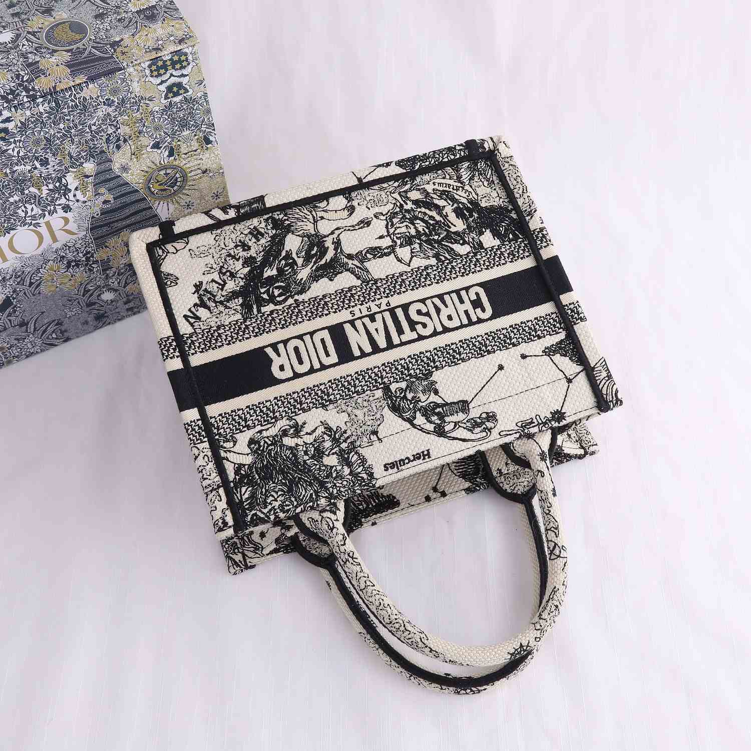 DIOR Small Book Tote Latte and Black Toile de Jouy Zodiac Embroidery 