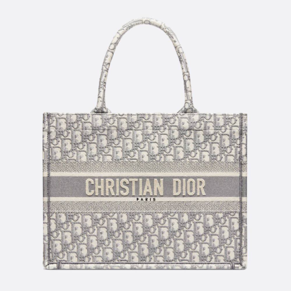 DIOR Medium Book Tote Ecru and Gray Dior Oblique Embroidery