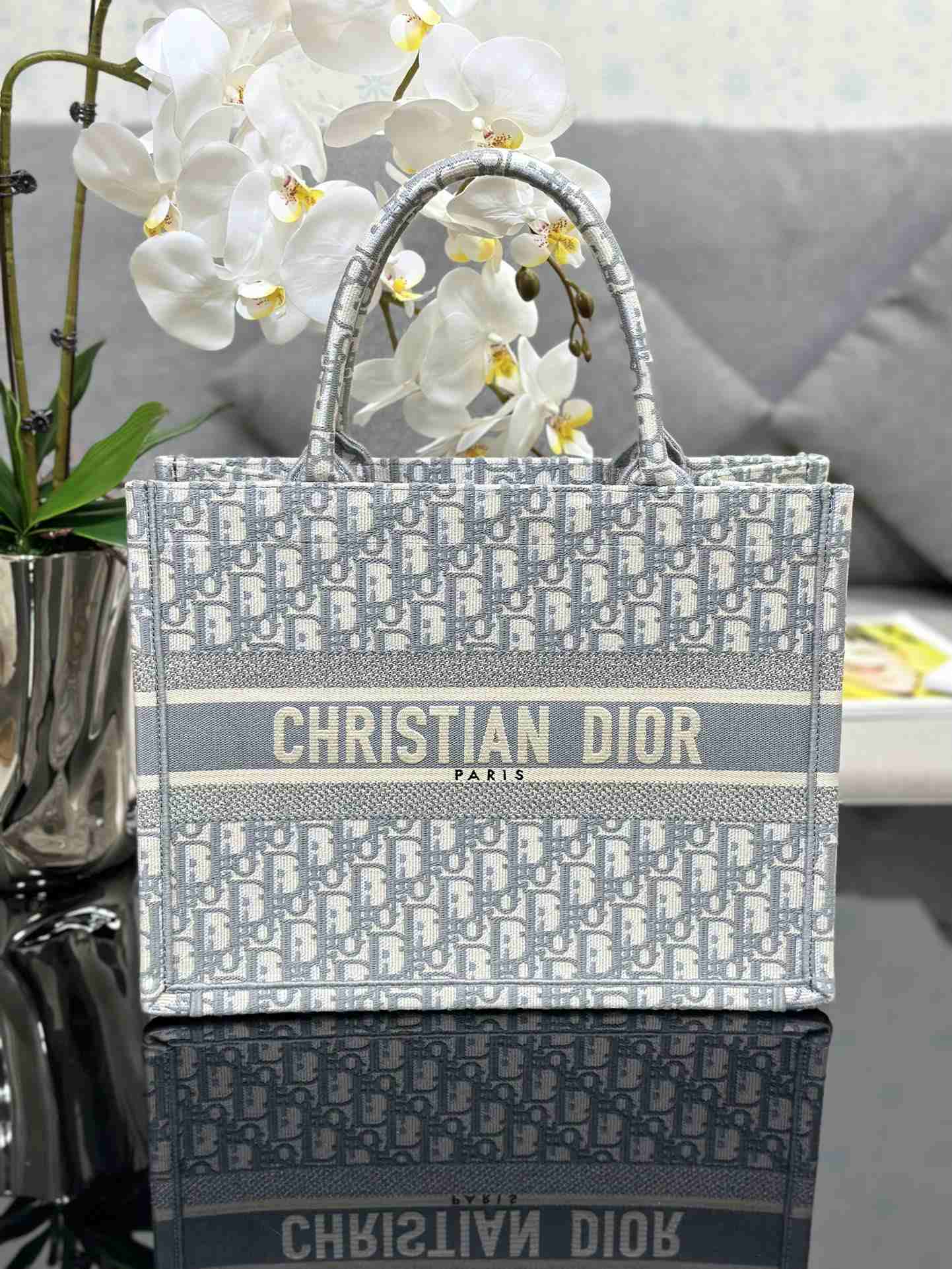 DIOR Medium Book Tote Ecru and Gray Dior Oblique Embroidery