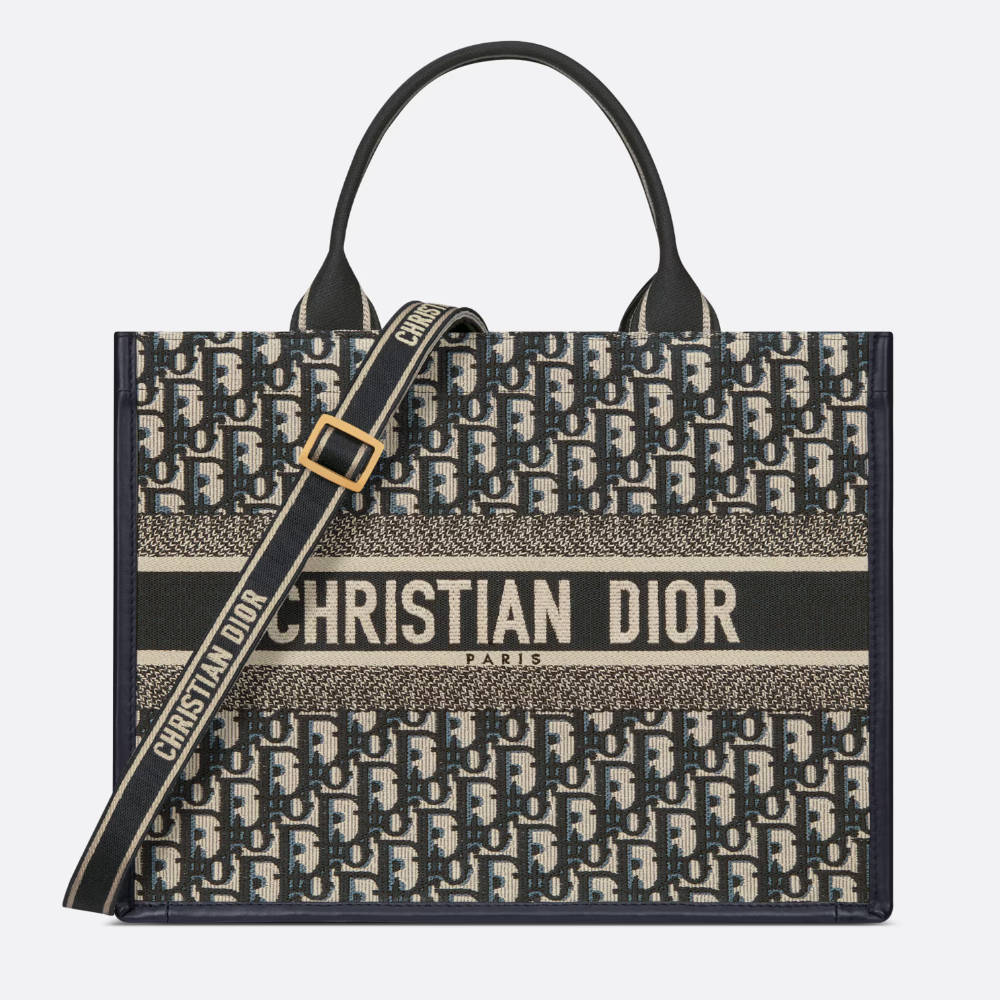 DIOR Medium Book Tote Blue Dior Oblique Embroidery and Calfskin 