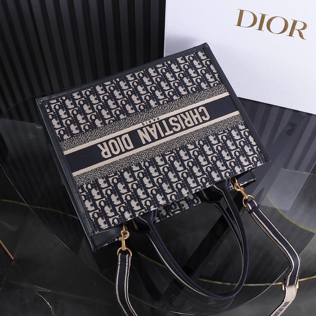 DIOR Medium Book Tote Blue Dior Oblique Embroidery and Calfskin 