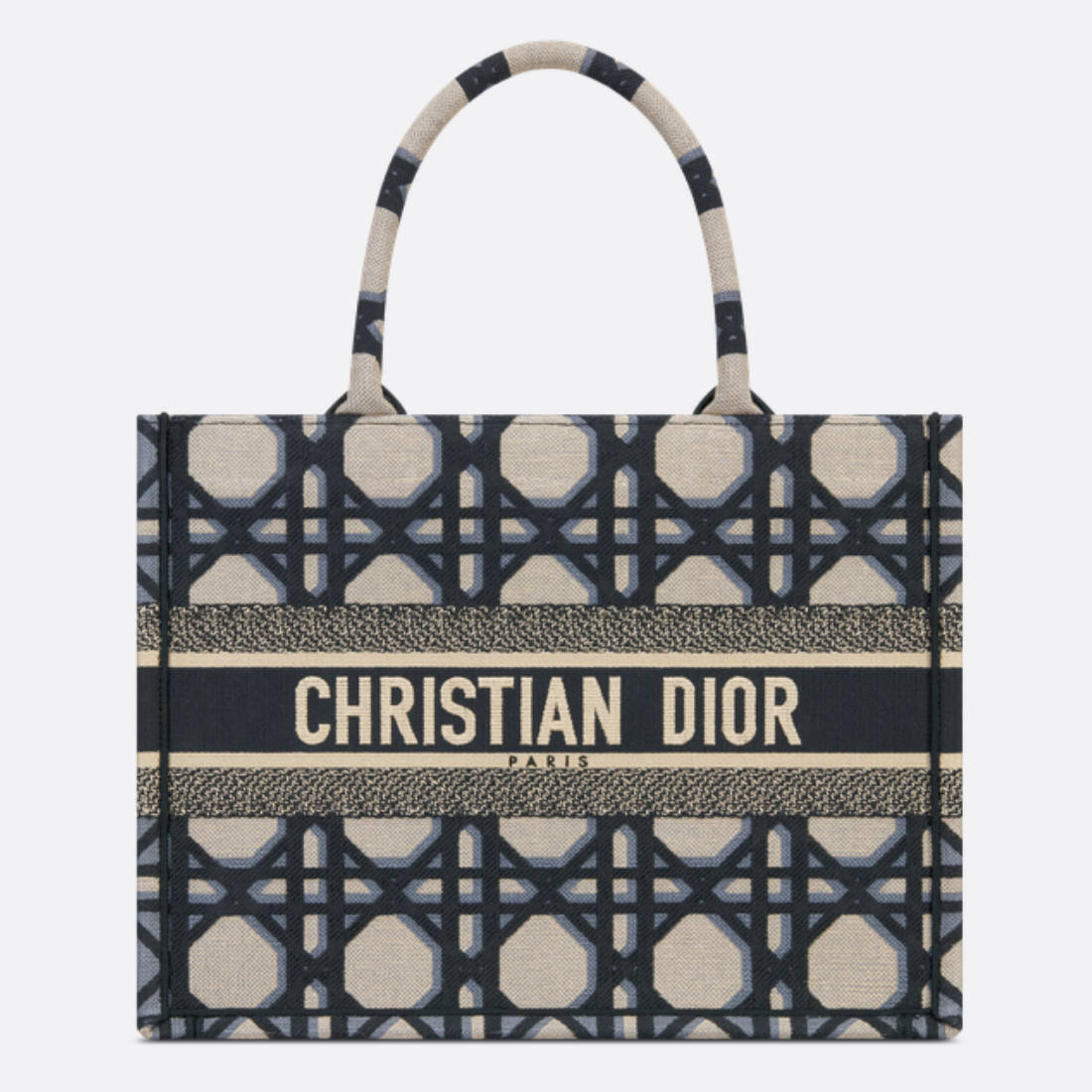 DIOR Medium Book Tote Beige and Blue Macrocannage Embroidery 