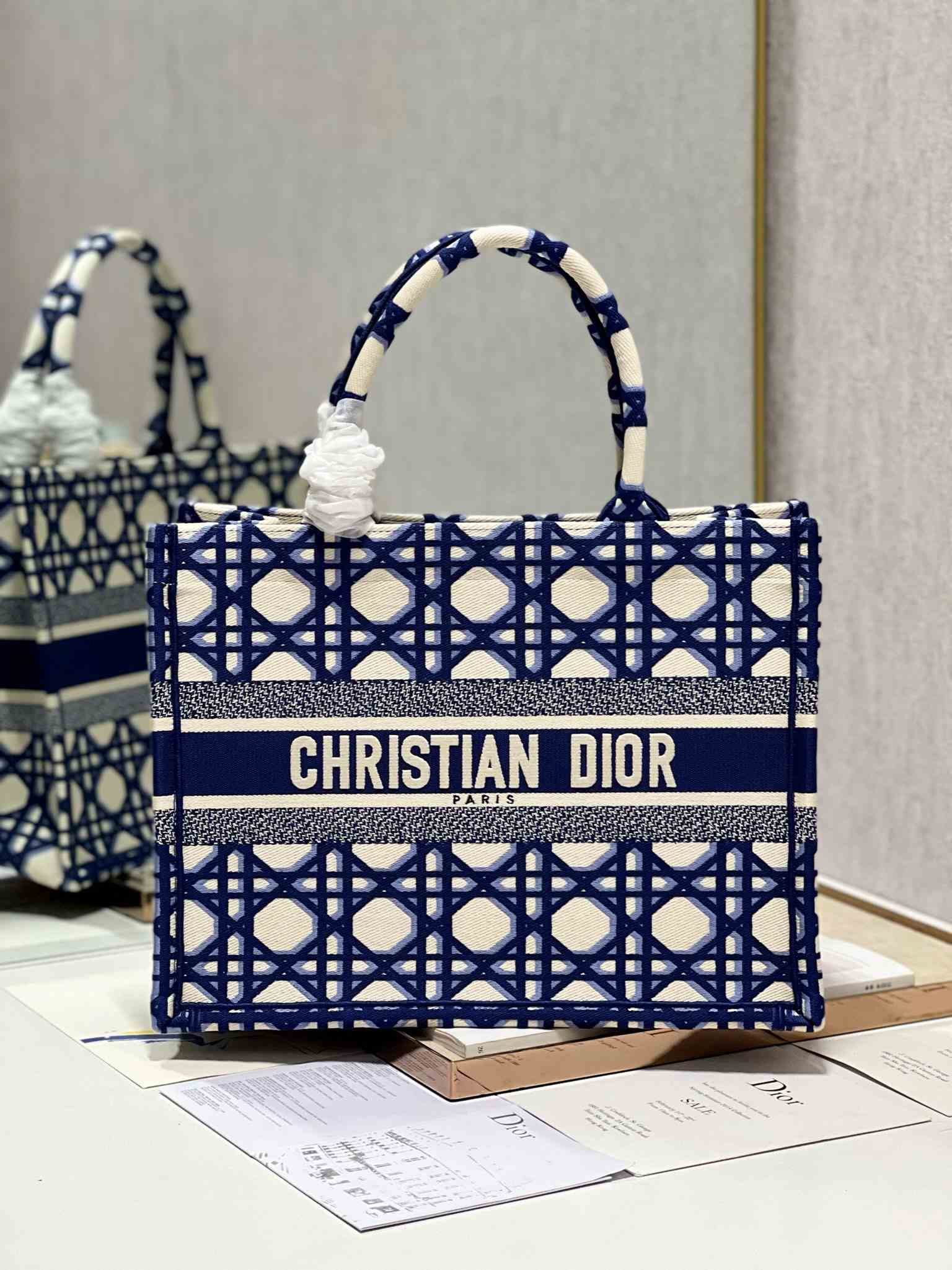 DIOR Medium Book Tote Beige and Blue Macrocannage Embroidery 