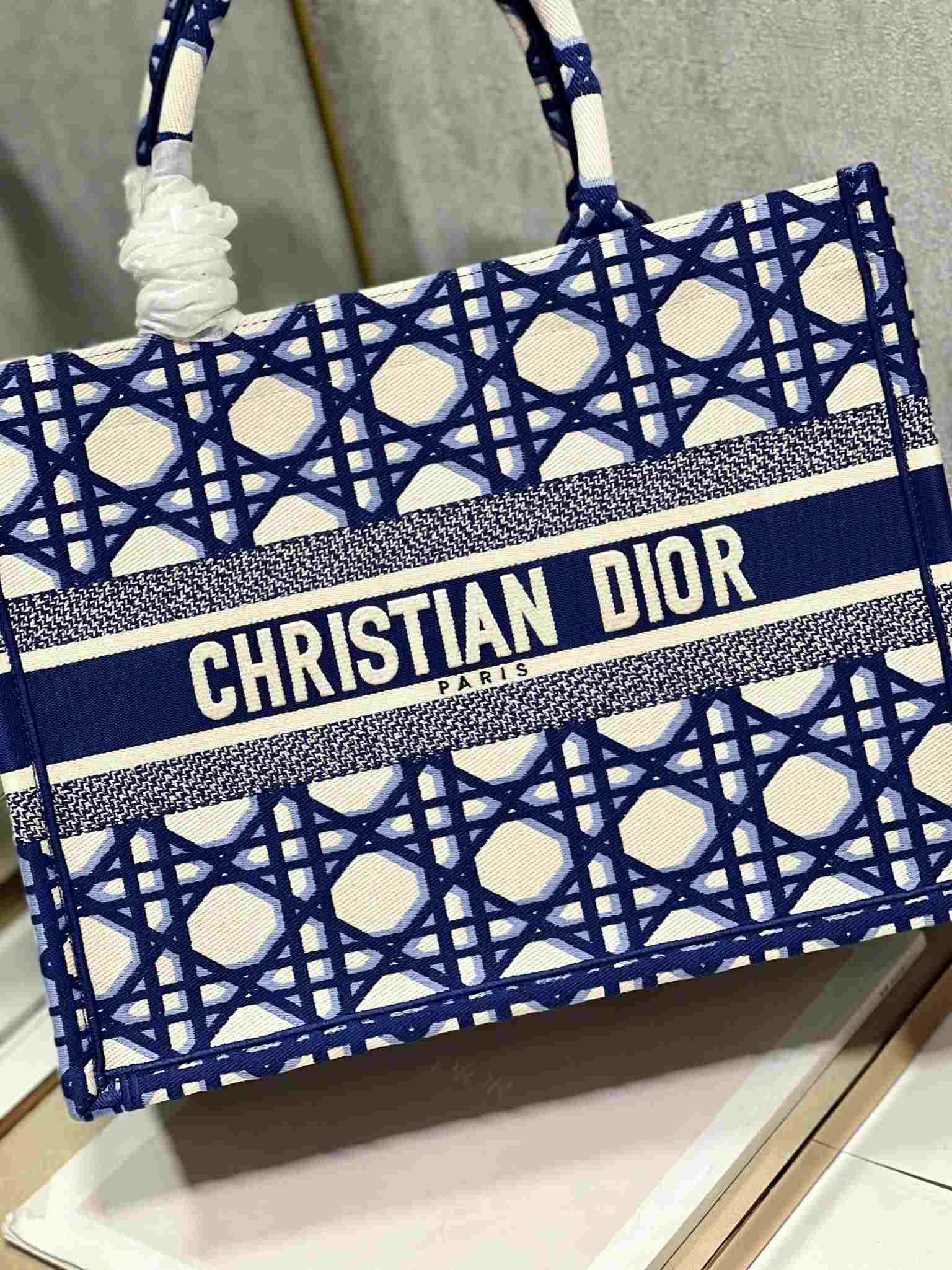 DIOR Medium Book Tote Beige and Blue Macrocannage Embroidery 