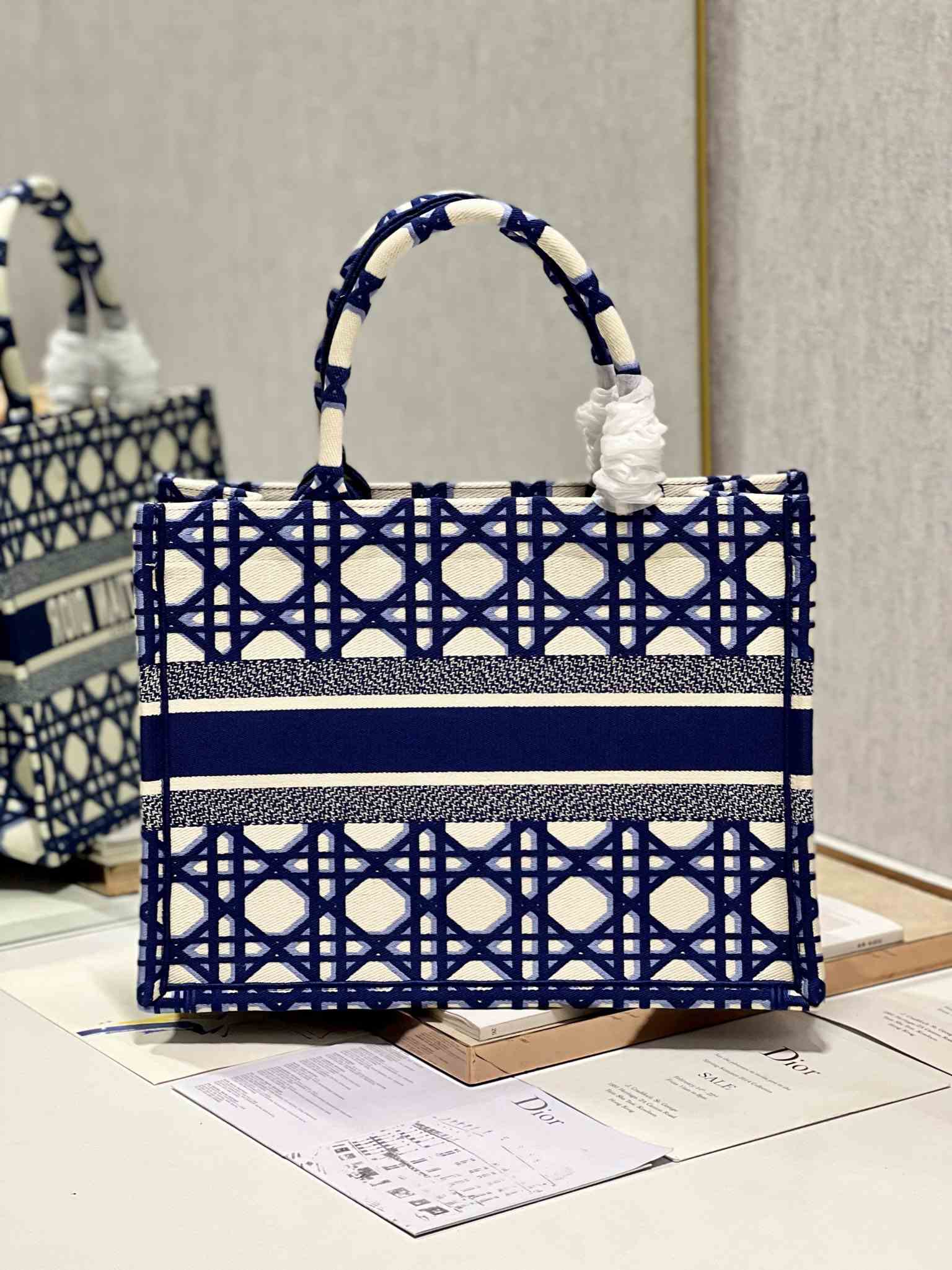 DIOR Medium Book Tote Beige and Blue Macrocannage Embroidery 