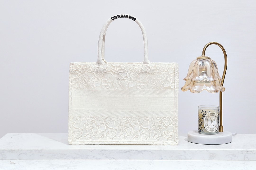 DIOR Medium Book Tote White Toile de Jouy Soleil Macramé Embroidery