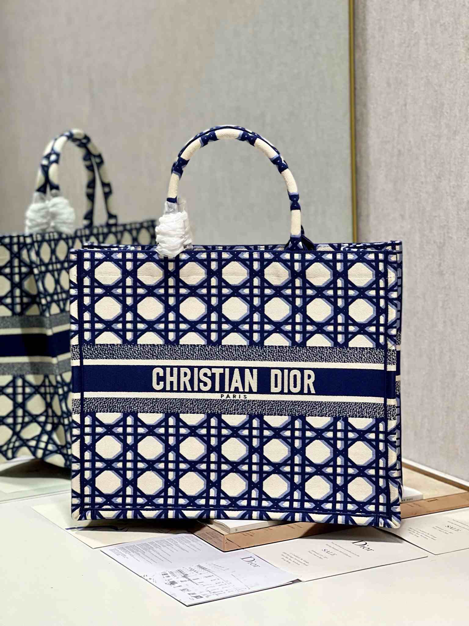 DIOR Large Book Tote Beige and Blue Macrocannage Embroidery