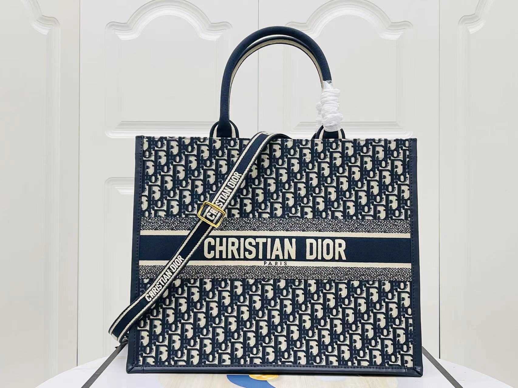 DIOR Large Book Tote  Blue Dior Oblique Embroidery and Calfskin