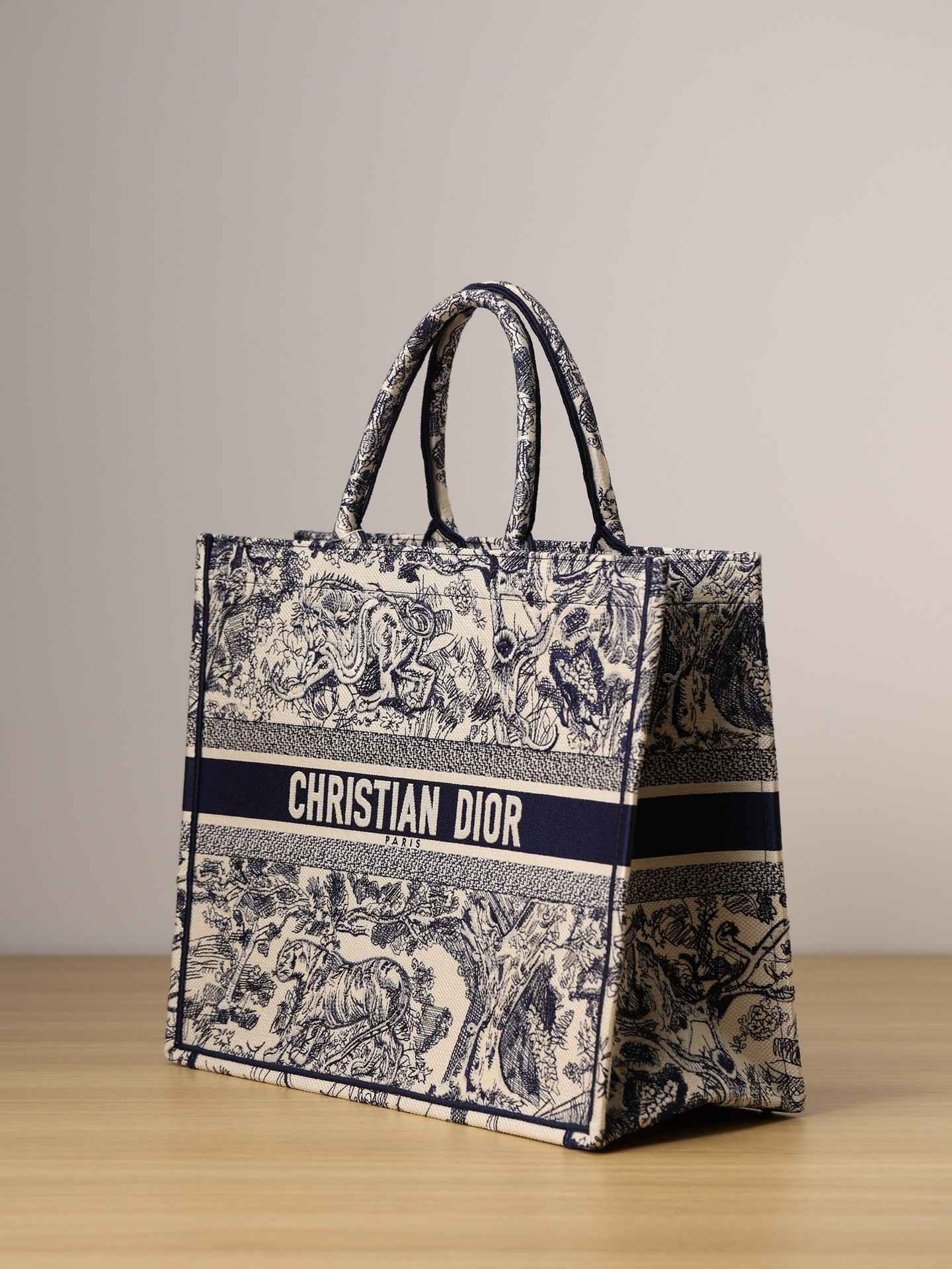 DIOR Large Book Tote Ecru and Blue Toile de Jouy Embroidery