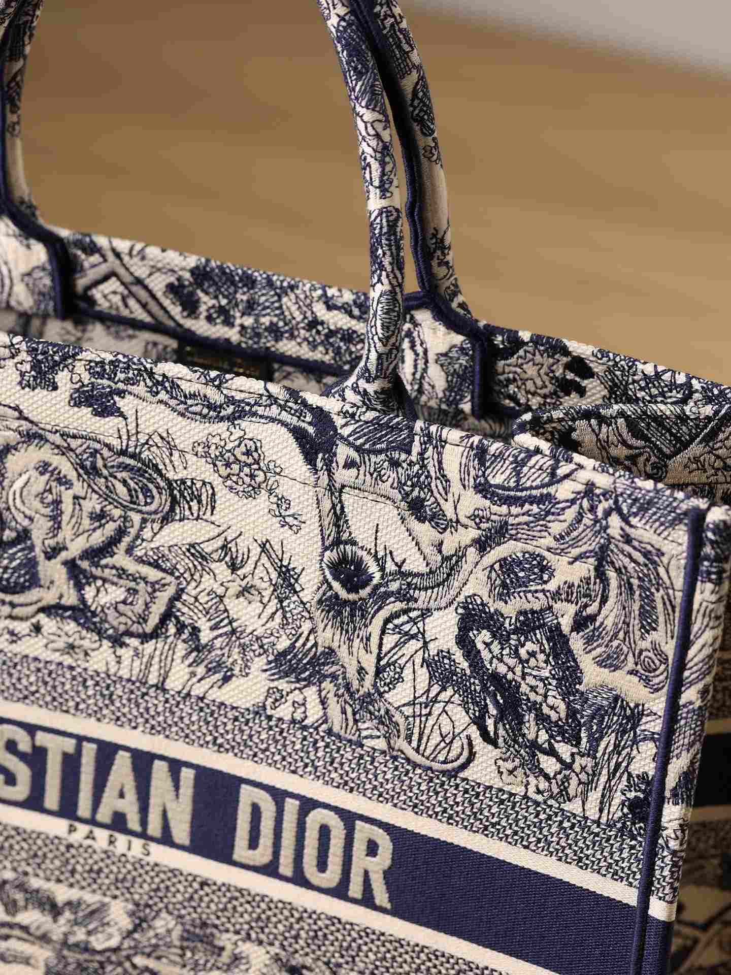 DIOR Large Book Tote Ecru and Blue Toile de Jouy Embroidery