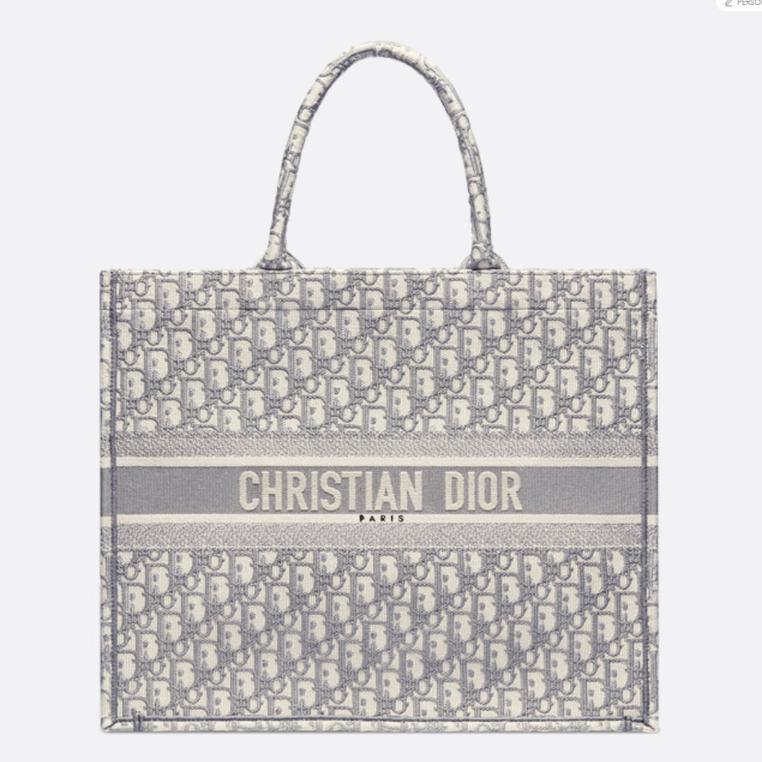 DIOR Large Book Tote Ecru and Gray Dior Oblique Embroidery