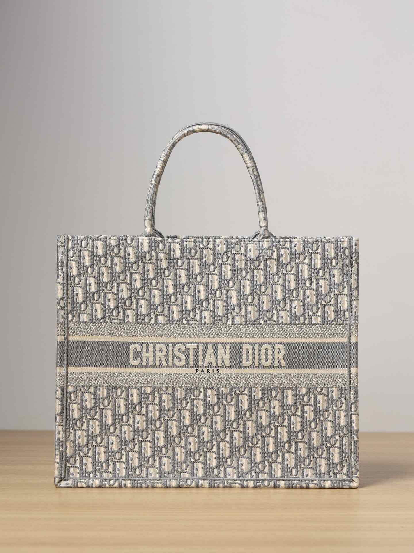 DIOR Large Book Tote Ecru and Gray Dior Oblique Embroidery