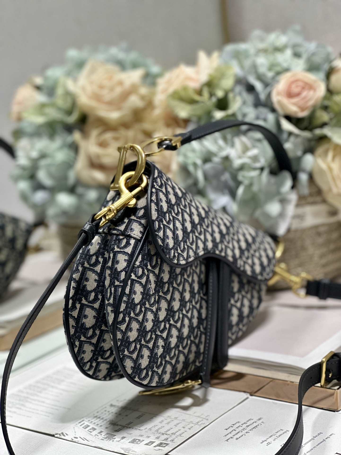 DIOR Saddle Bag  with Strap Blue Dior Oblique Jacquard