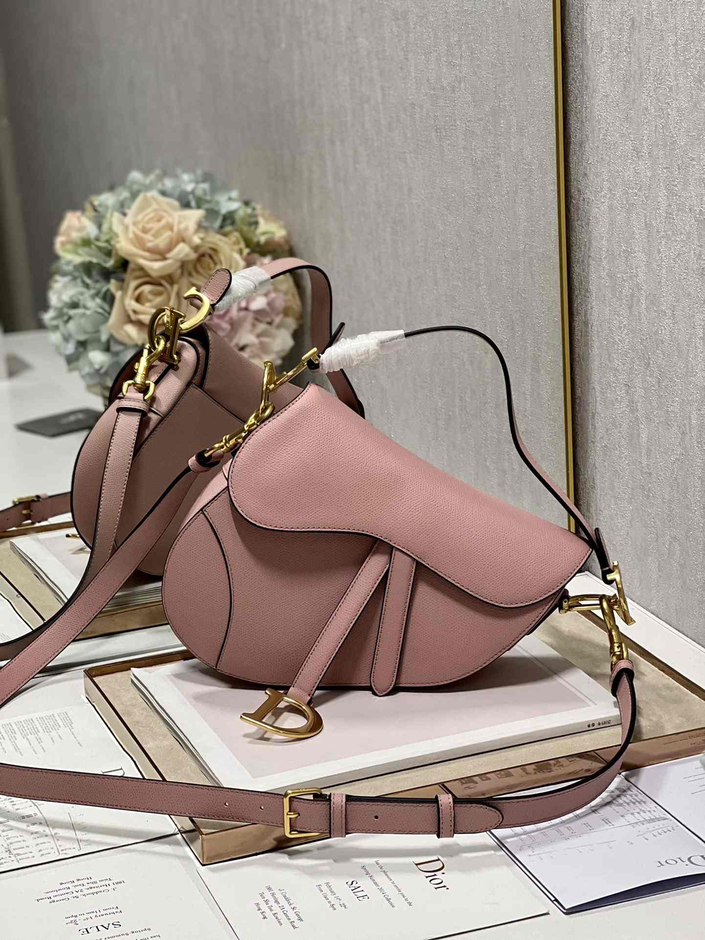 DIOR Saddle Bag  with Strap Powder Pink Grained Calfskin