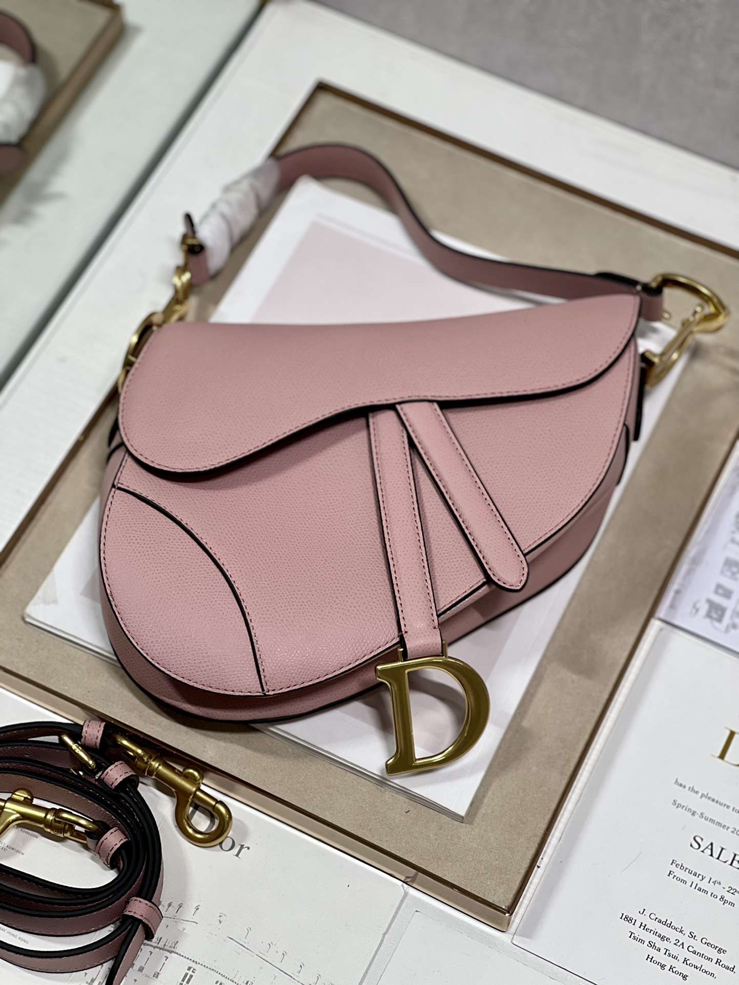 DIOR Saddle Bag  with Strap Powder Pink Grained Calfskin