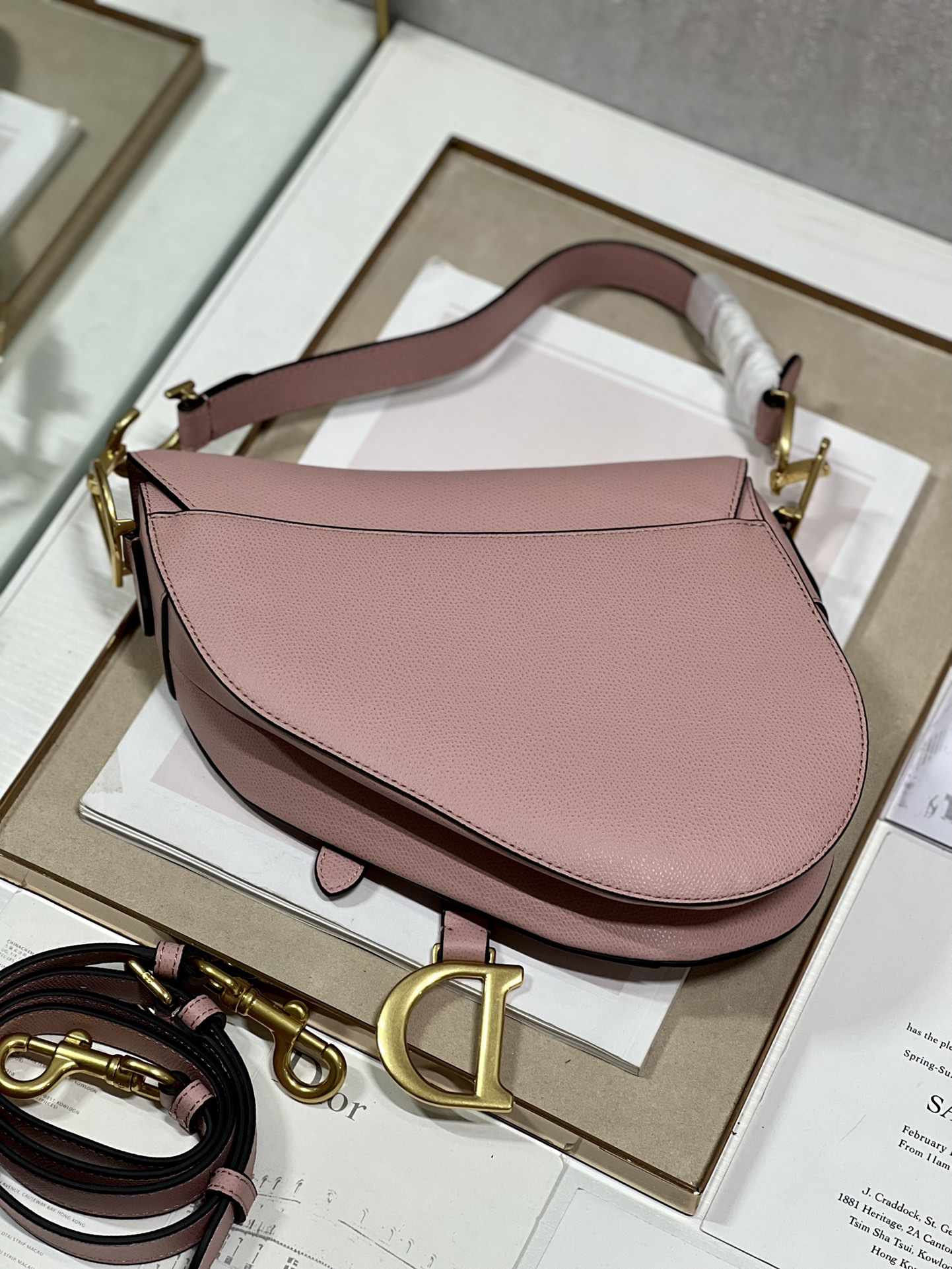 DIOR Saddle Bag  with Strap Powder Pink Grained Calfskin