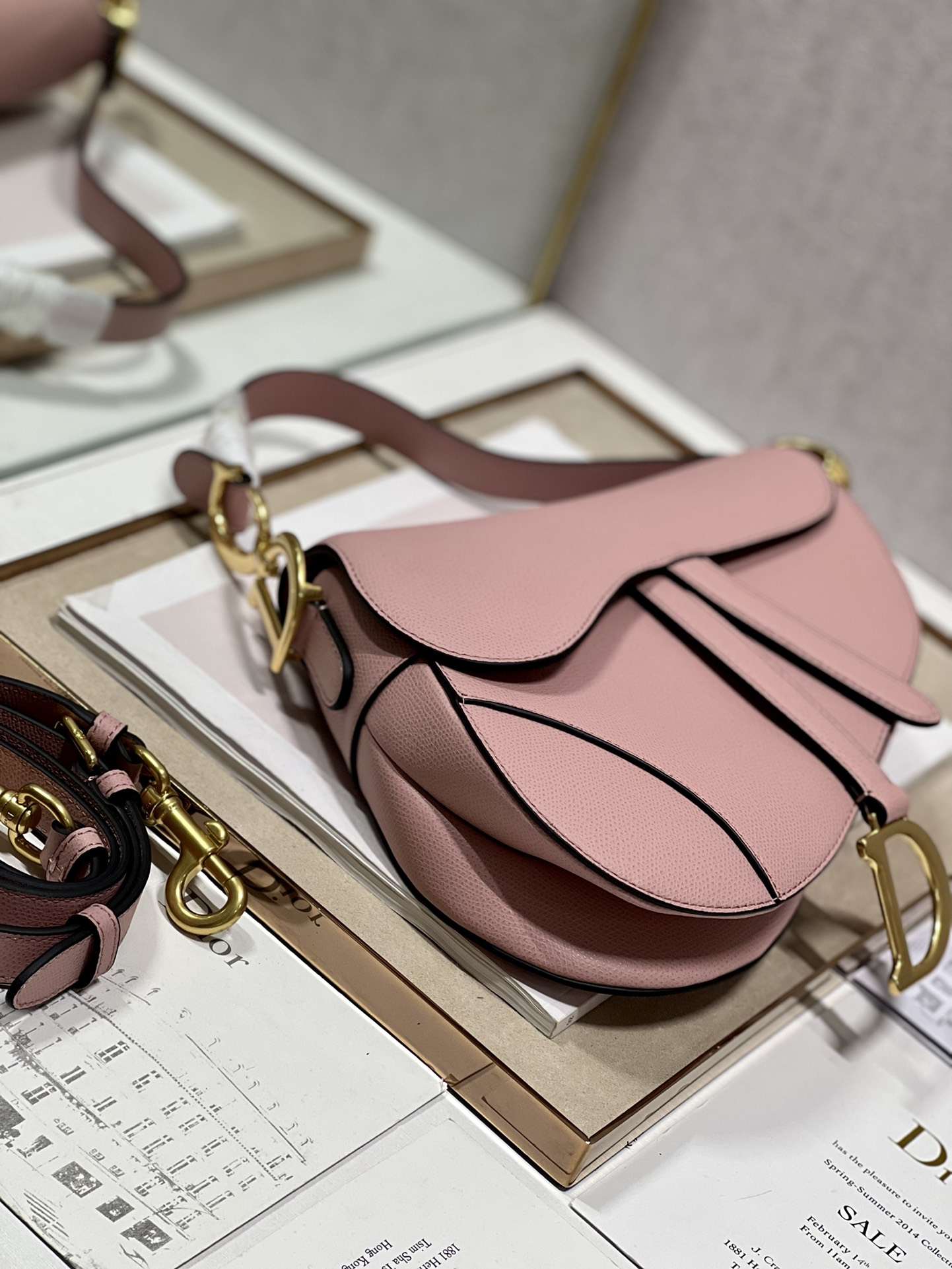 DIOR Saddle Bag  with Strap Powder Pink Grained Calfskin