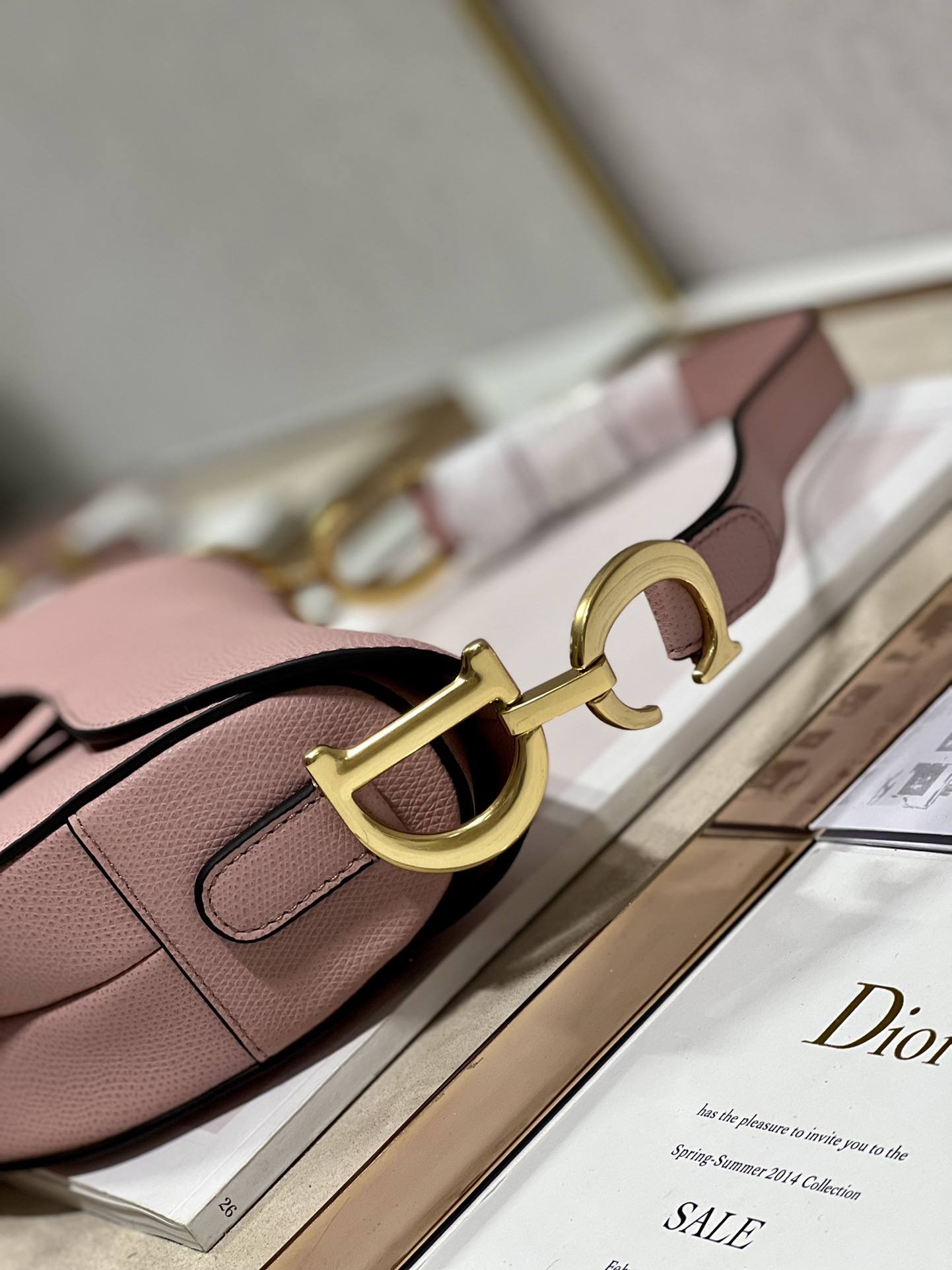 DIOR Saddle Bag  with Strap Powder Pink Grained Calfskin