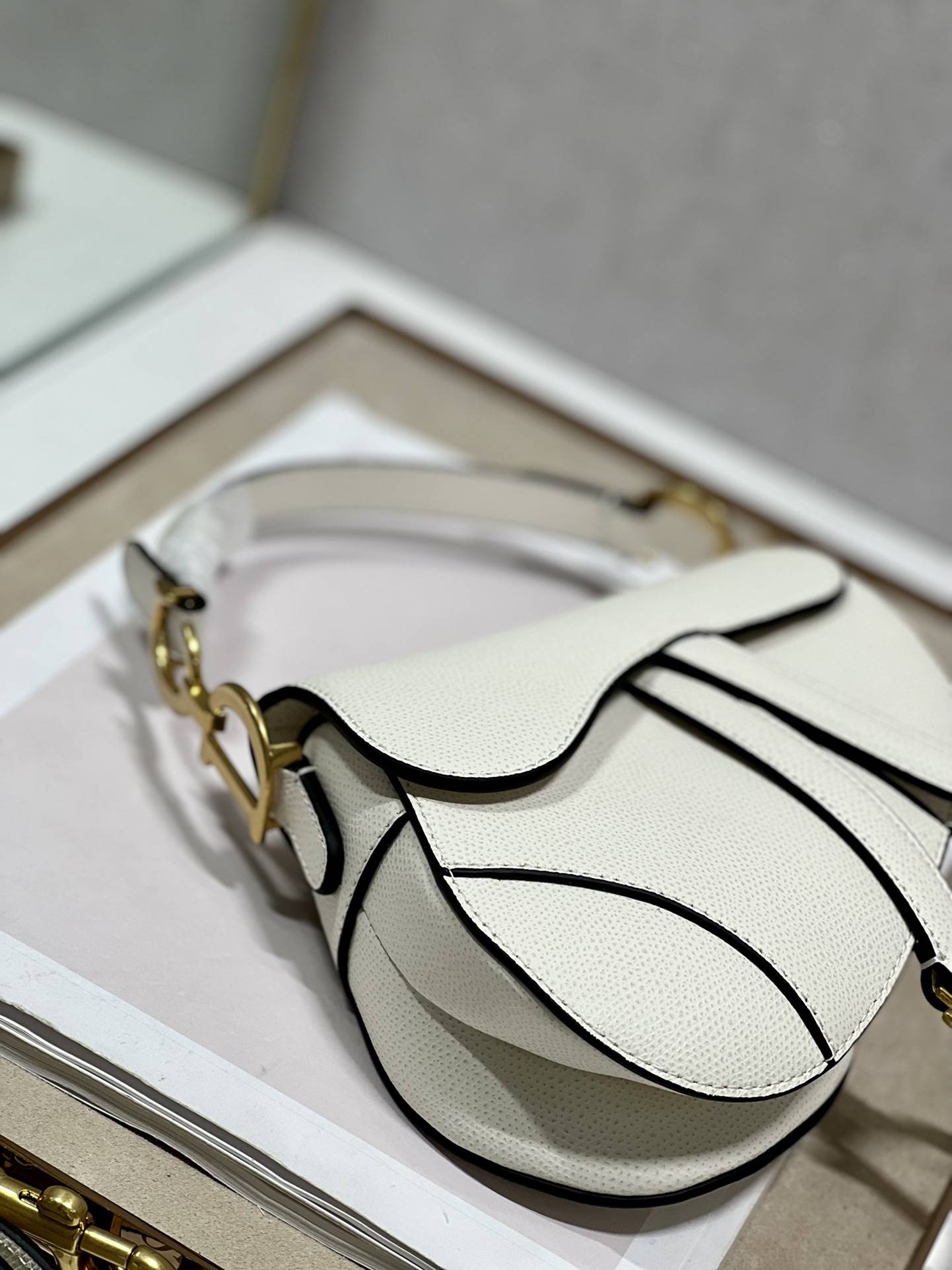 DIOR Mini Saddle Bag with Strap Latte