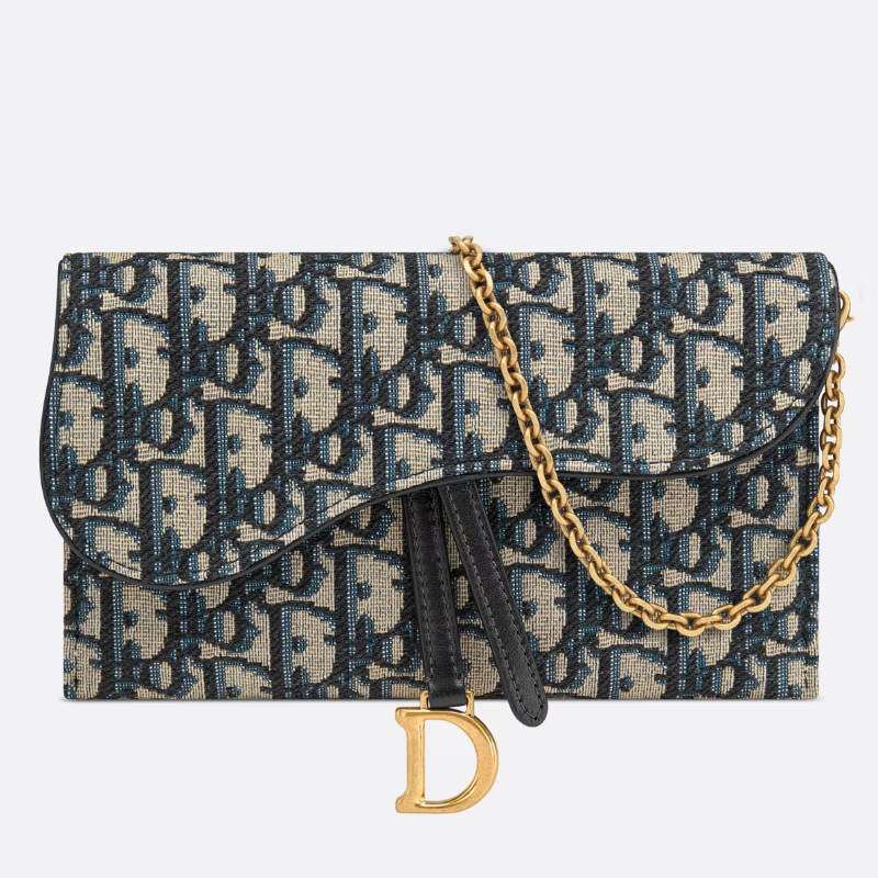 DIOR Long Saddle Wallet with Chain Blue Dior Oblique Jacquard