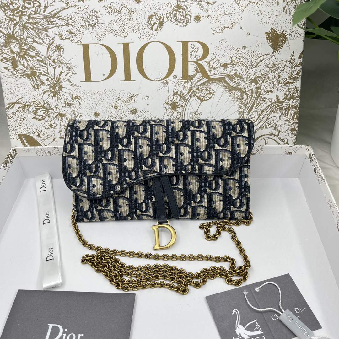 DIOR Long Saddle Wallet with Chain Blue Dior Oblique Jacquard